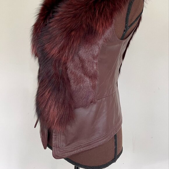 NWOT Burgundy Leather Vest Real Fox Fur XS size - Picture 12 of 16